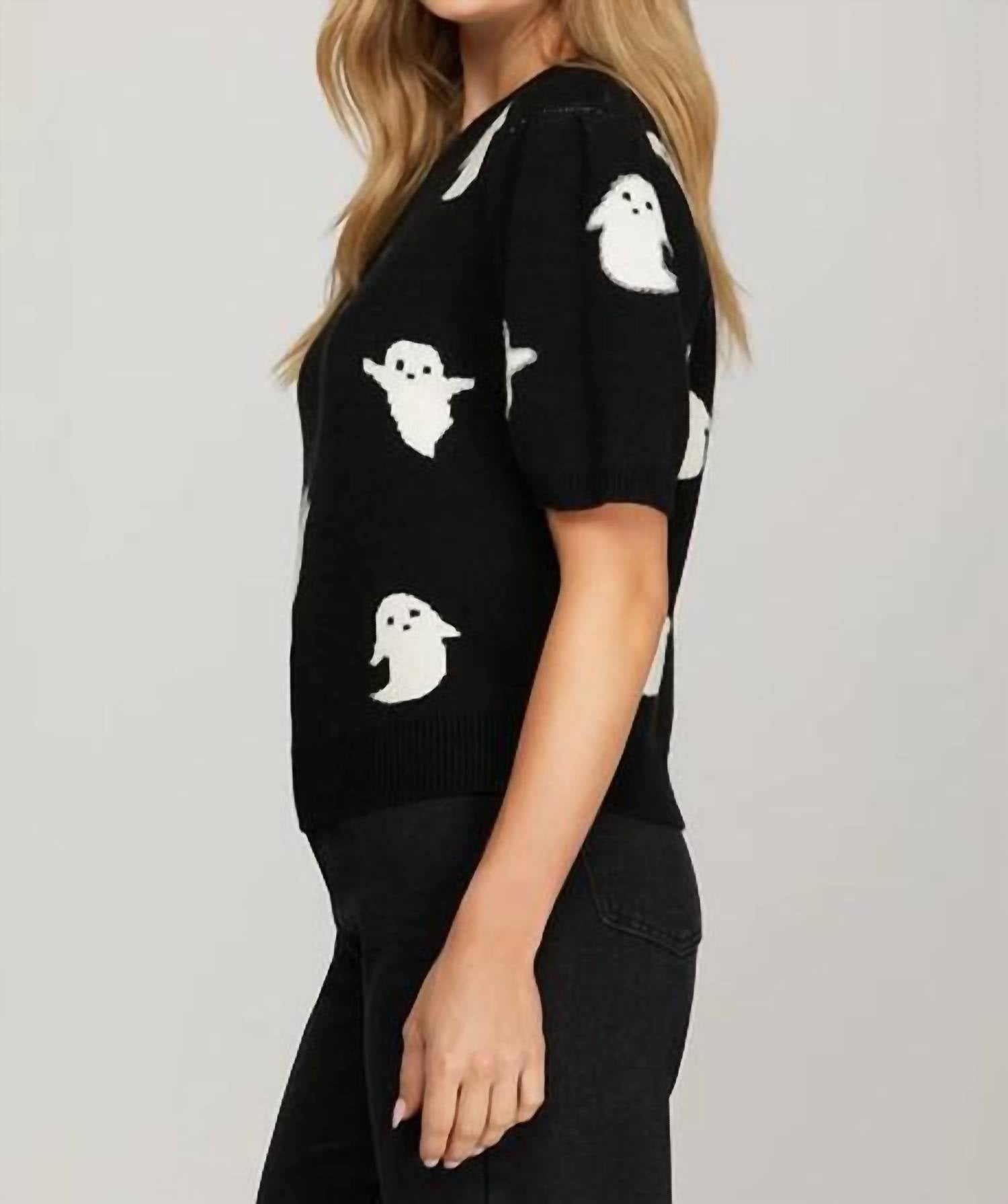 She + Sky - Puff Sleeve Halloween Ghost Pattern Sweater