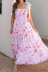 1 The Woman - Floral Print Knotted Shoulder Smocked Maxi Dress