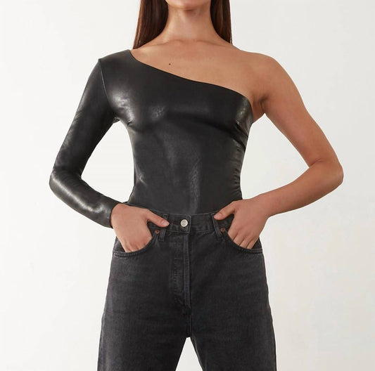 FAUX LEATHER LONG SLEEVE ONE SHOULDER BODYSUIT