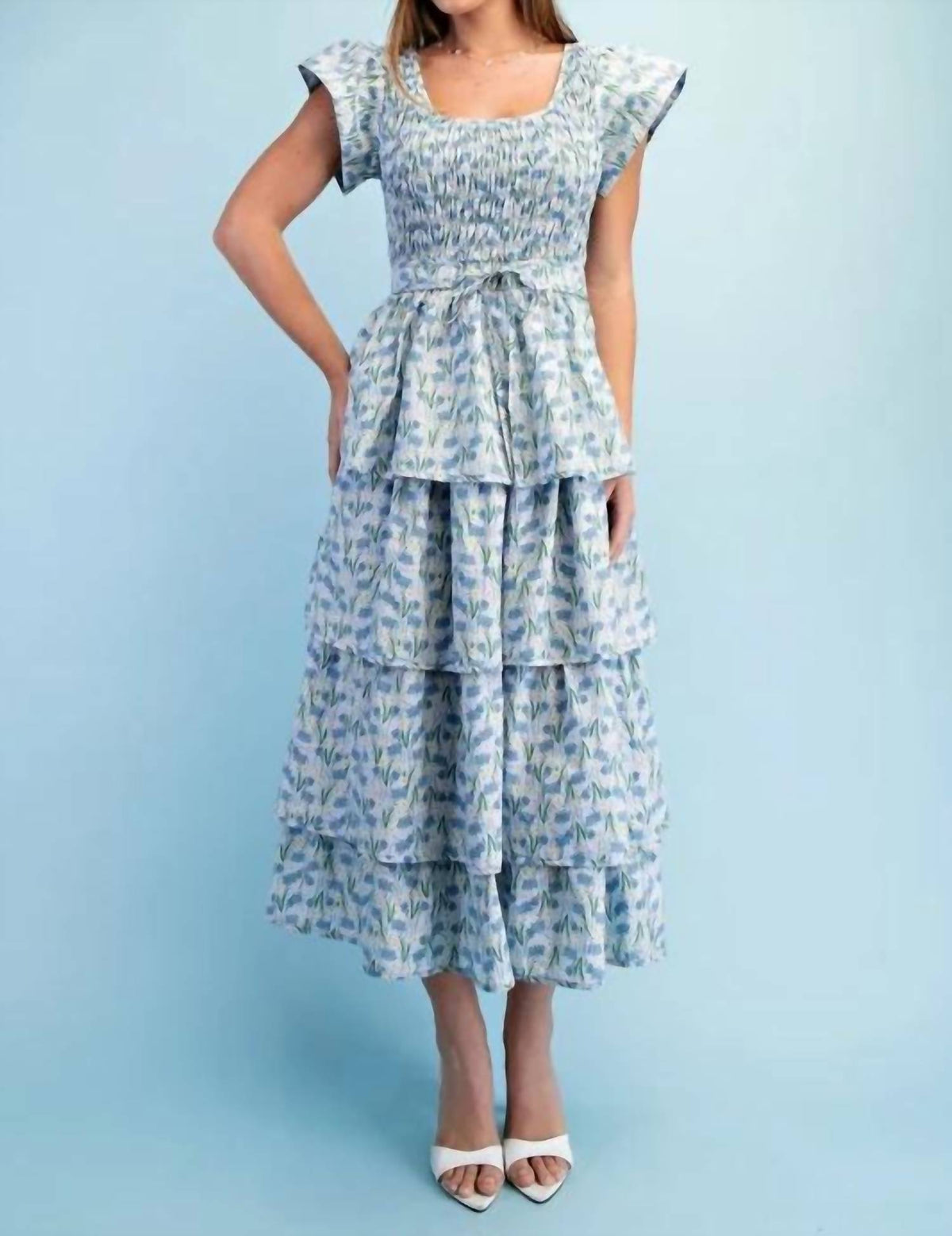 Gigio - Floral Tiered Elastic Waist Midi Dress