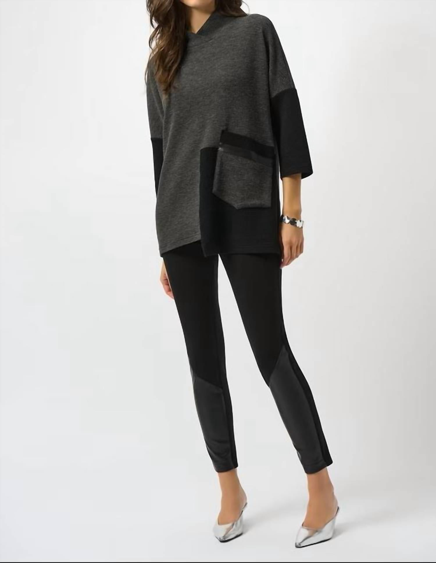 Joseph Ribkoff Relaxed Fit Mock-Neck Pullover in grey black 1 - women's blouse - alternate view