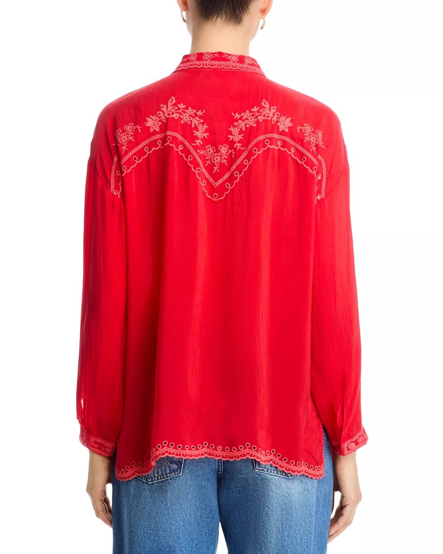 Johnny Was WESTERN AUDREY COLLARED SHIRT in racer red - women's blouse - alternate view