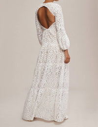 DRESS THE POPULATION Lyra Puff-sleeve Tiered Embroidered Gown in white - women's dress - view 4