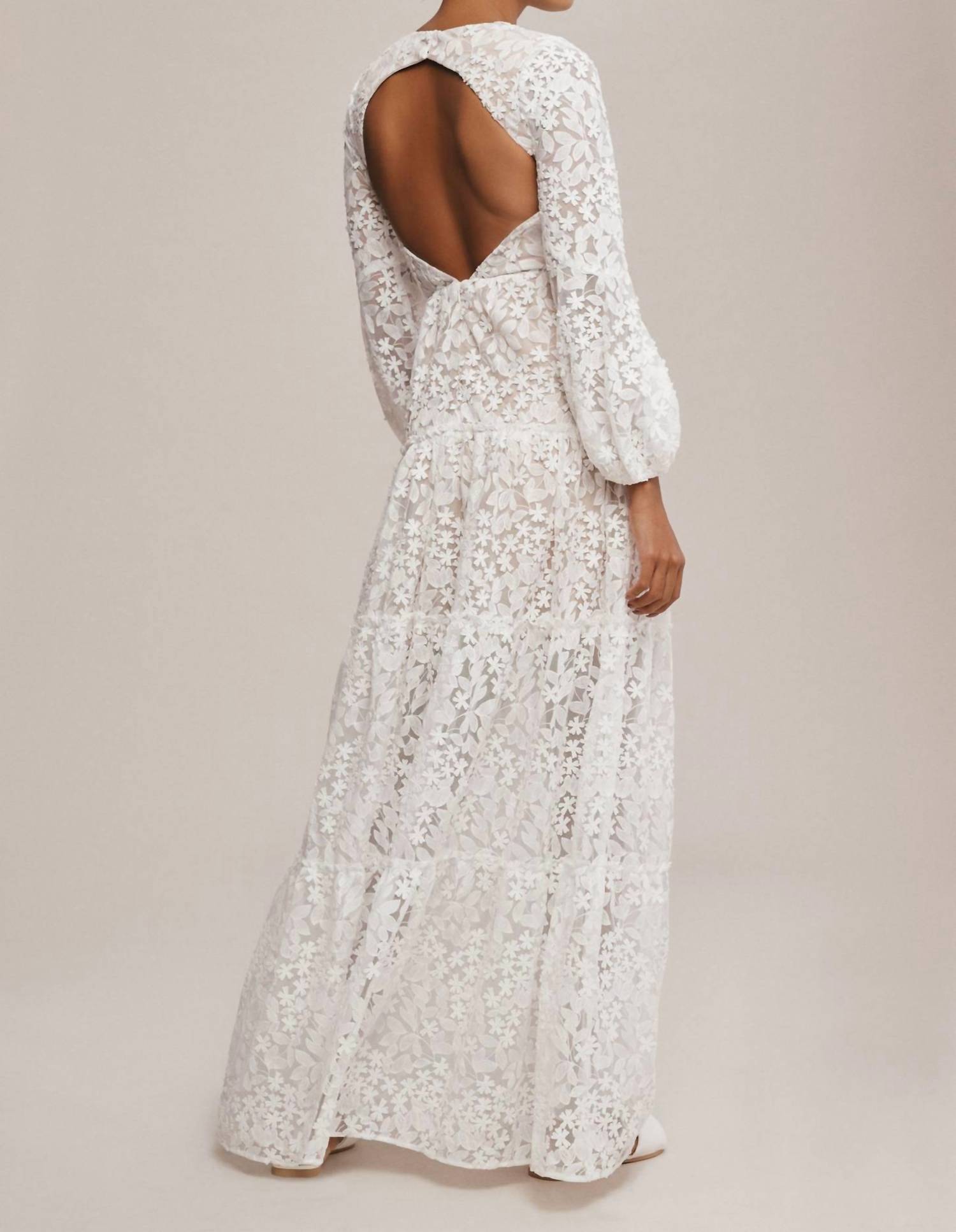 DRESS THE POPULATION Lyra Puff-sleeve Tiered Embroidered Gown in white - women's dress - view 4