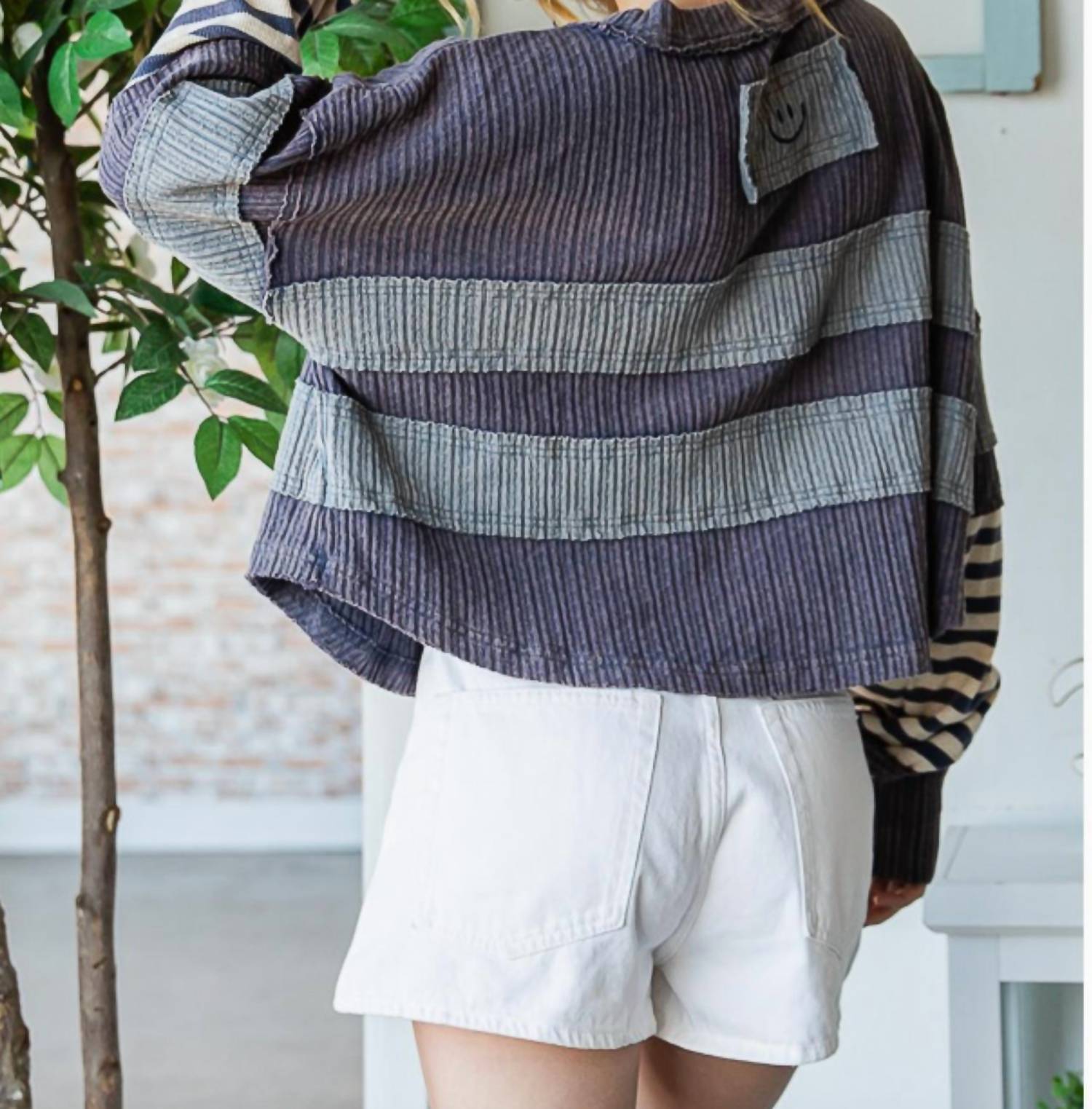 Oli & Hali - Mixed Fabric Long Sleeve Striped Top
