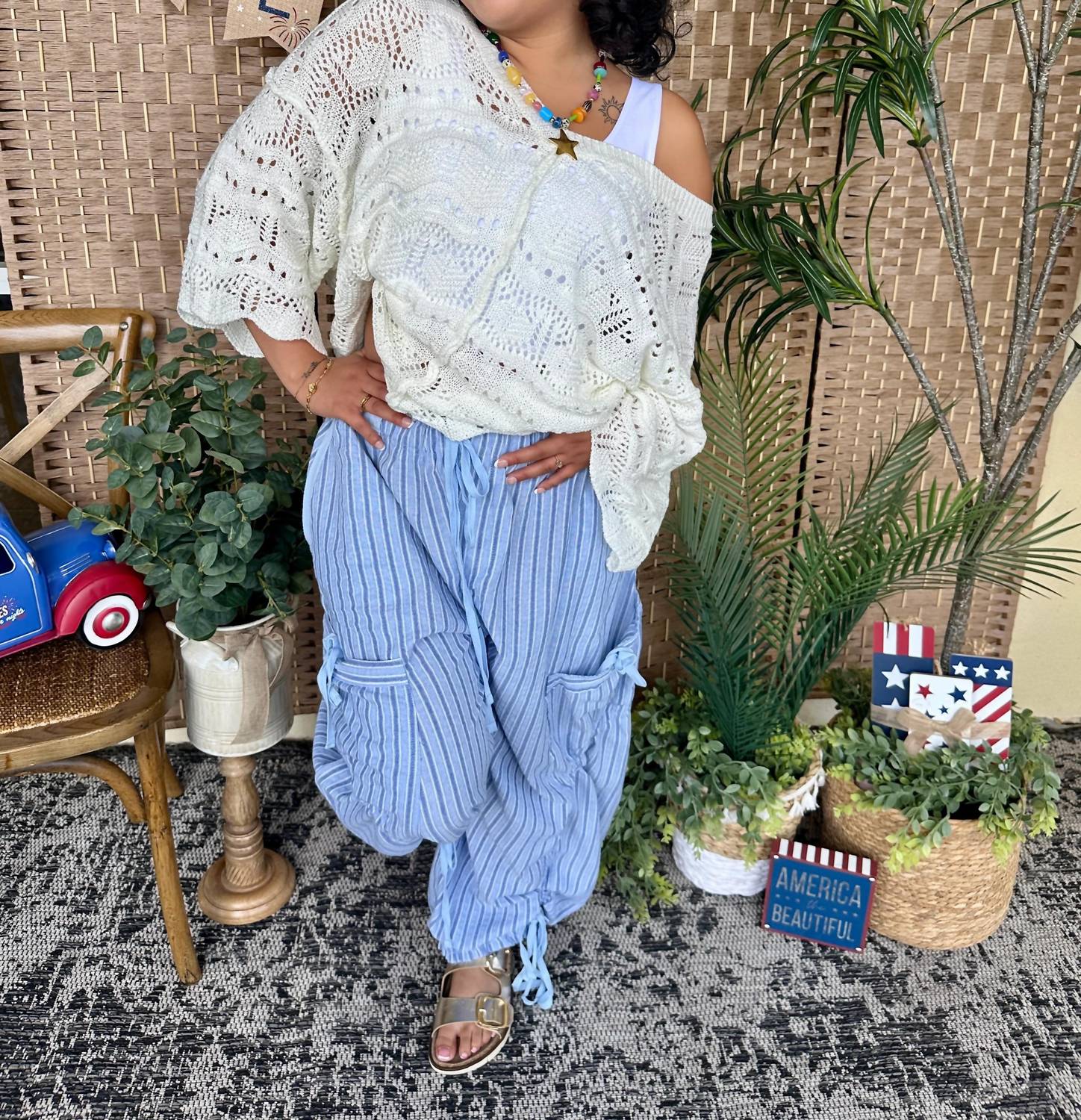 Pol - Crochet Short Sleeve Scalloped Edge Oversized Top