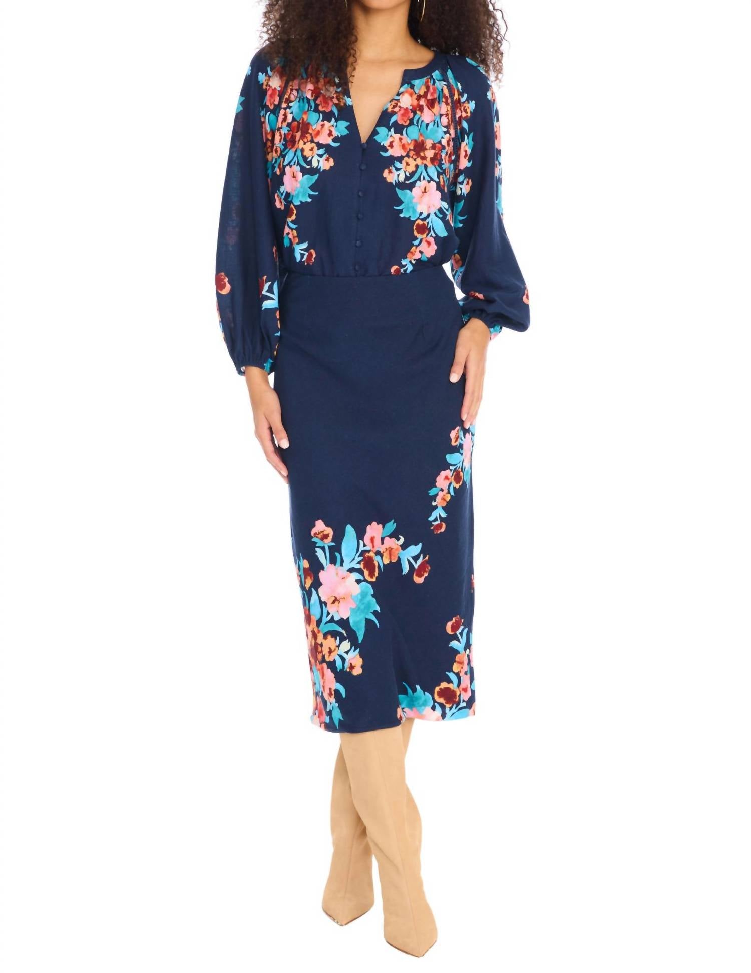 ALLISON NEW YORK Eva Midi Skirt in navy floral - women's skirt - detail view