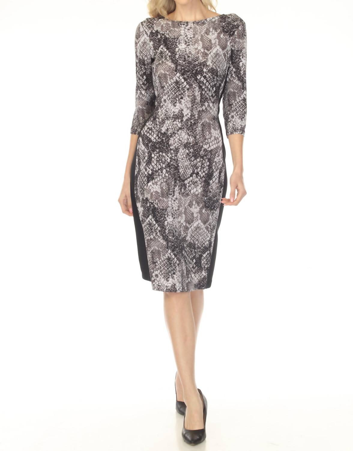 Joseph Ribkoff Snakeskin Waist Tie Sheath Midi Dress in grey black - women's dress