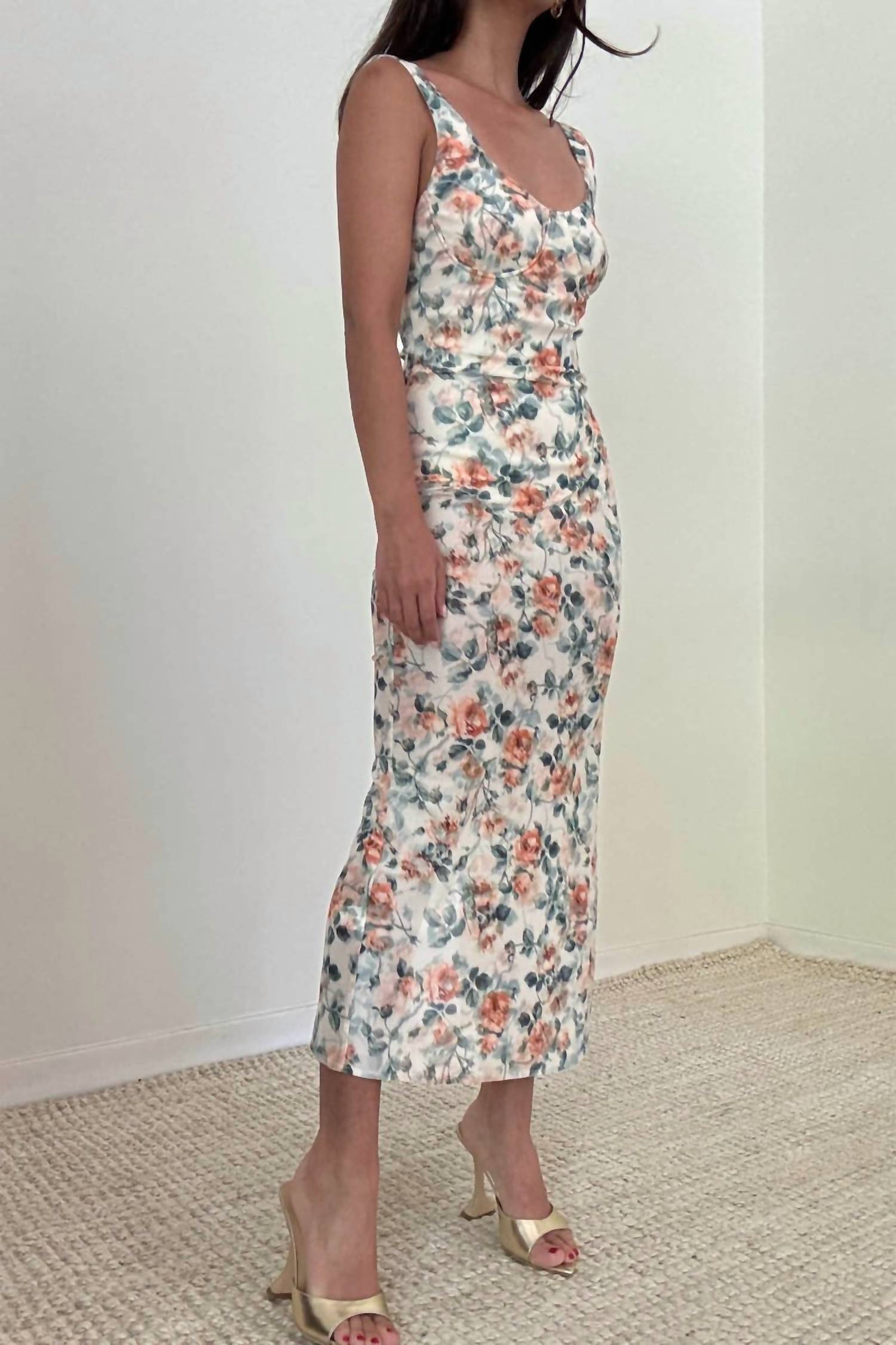 SALTY Central Park Floral Bodysuit Midi Dress in cream - women's dress - detail view