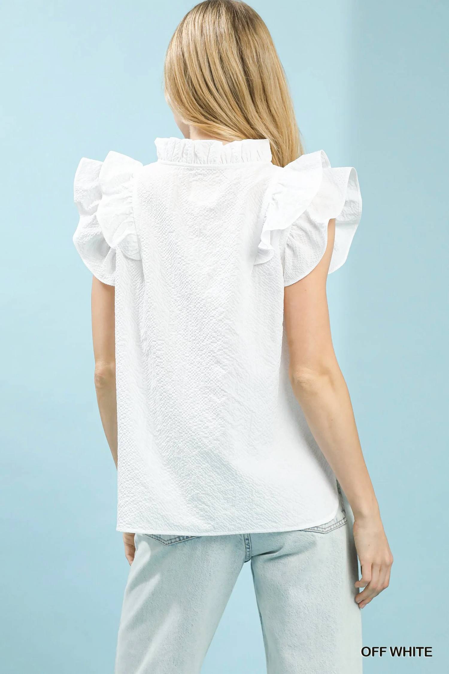 Umgee - Texture Fabric V-Neck Ruffle Sleeve Top