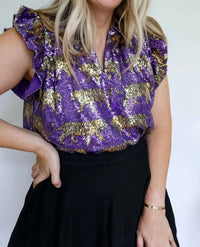 Nola Mercantile - Women's Tiger Sequin Flutter Sleeve Top