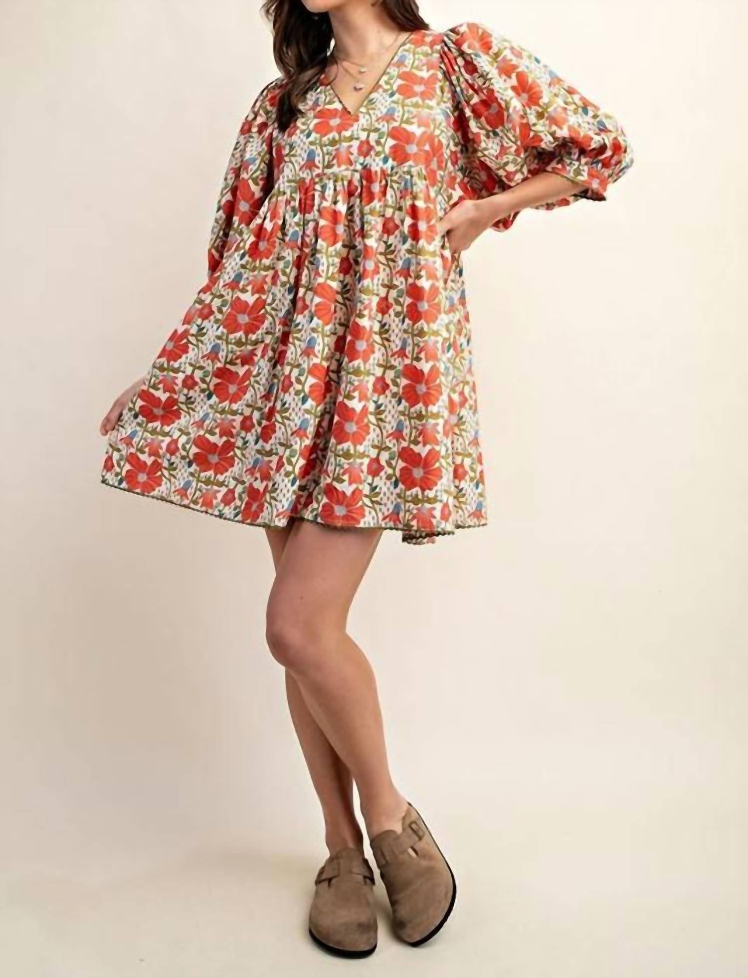 GiGiO Babydoll Blossom Floral Puff Sleeve Dress in coral cream - women's dress - view 5