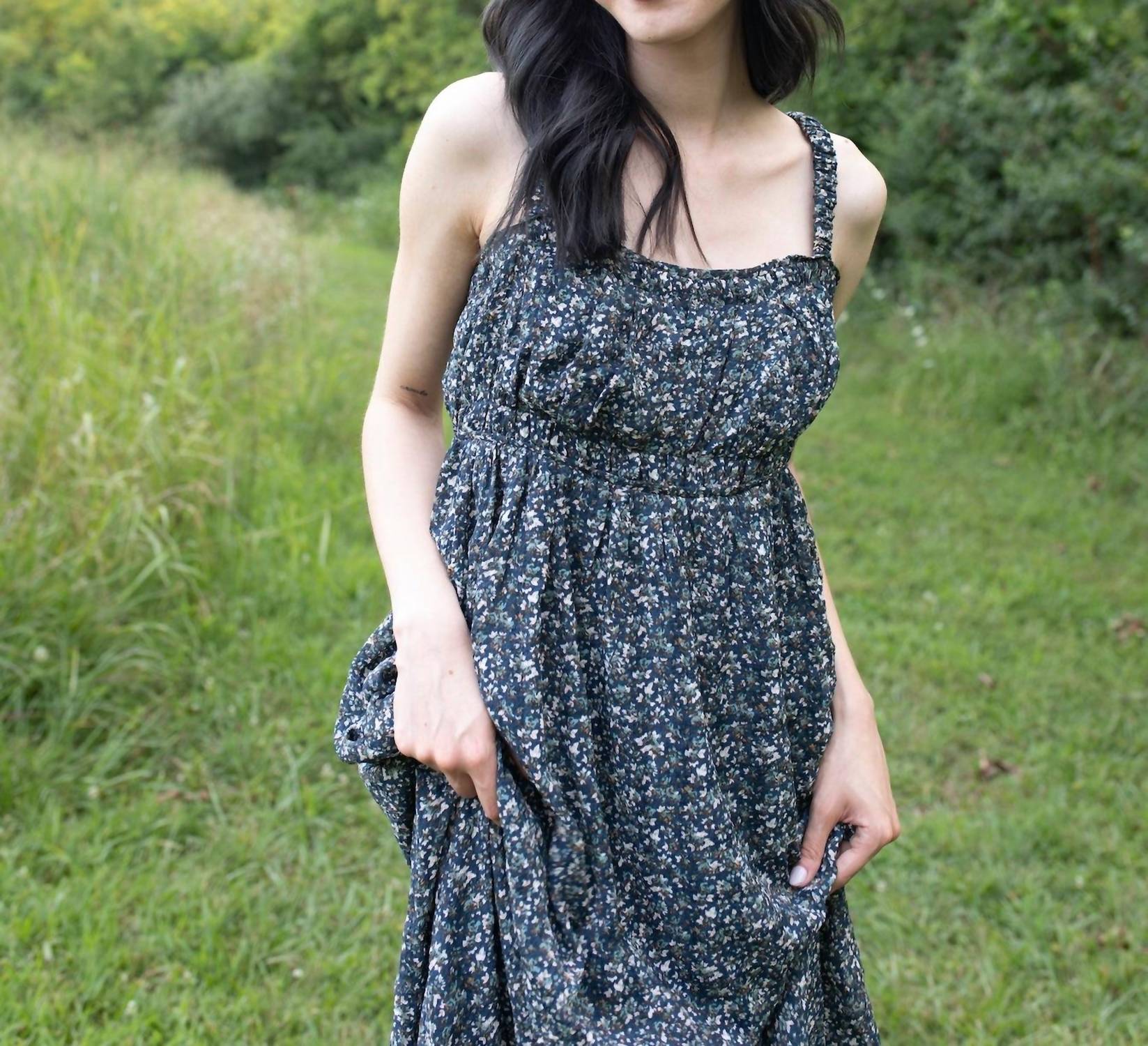 GRADE & GATHER Meet Me in the Garden Midi Dress in the garden midi dress in navy - women's dress - detail view