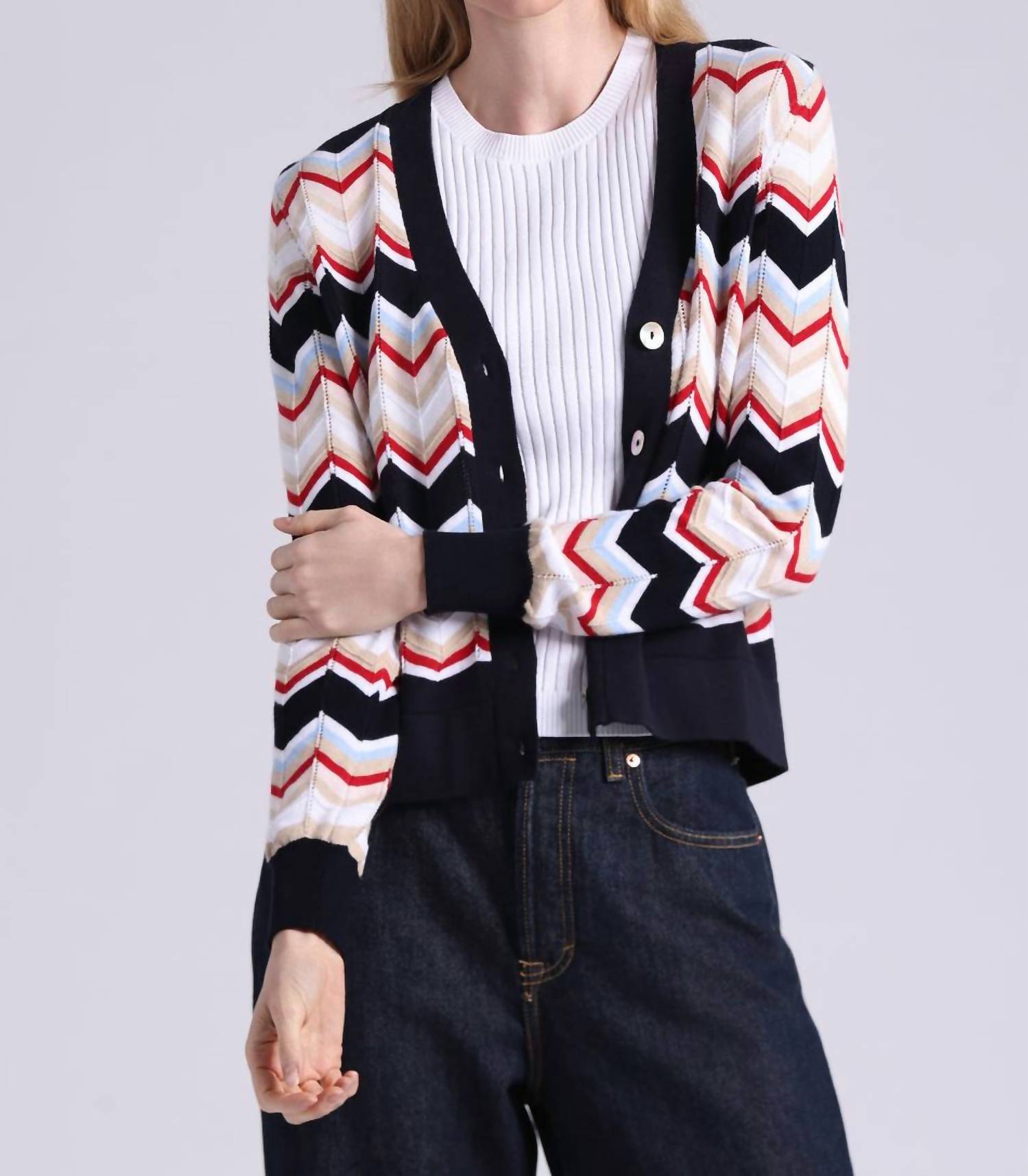 Minnie Rose - Chevron V Neck Cardigan