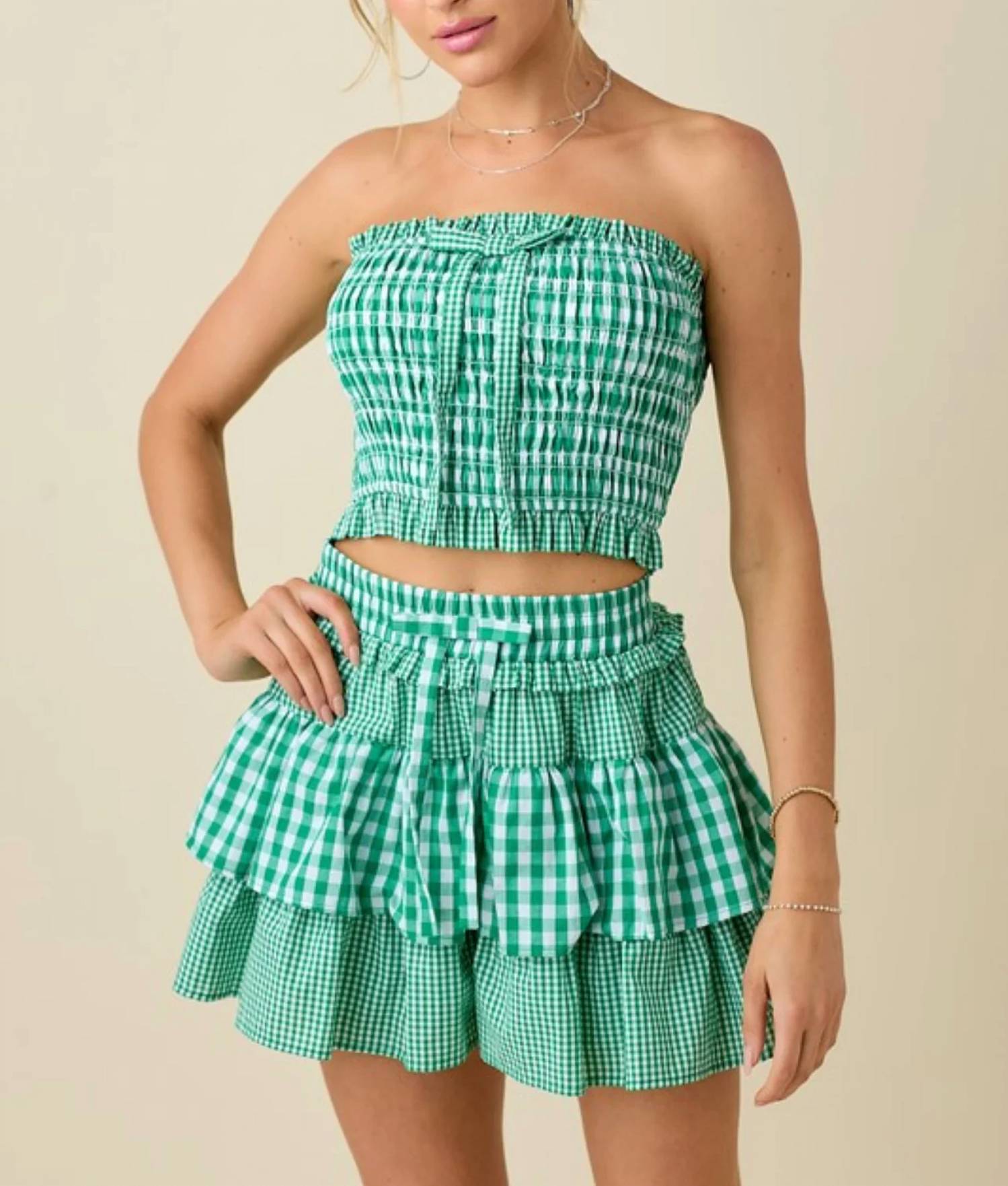 Baby Pink - Mixed Tube Top With Ruffle Short Set