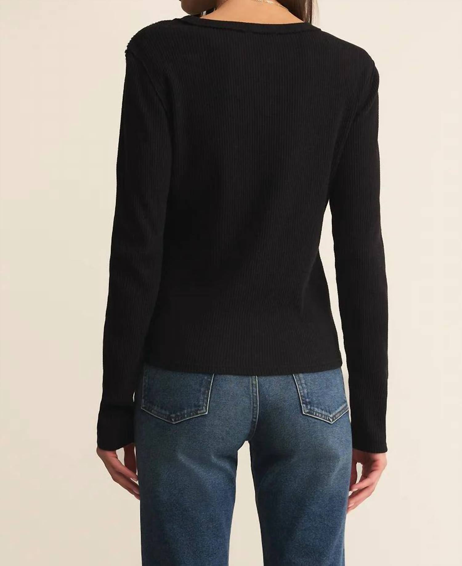 Z Supply Women's Arlet Mini Thermal Top in black - women's long sleeve top - detail view
