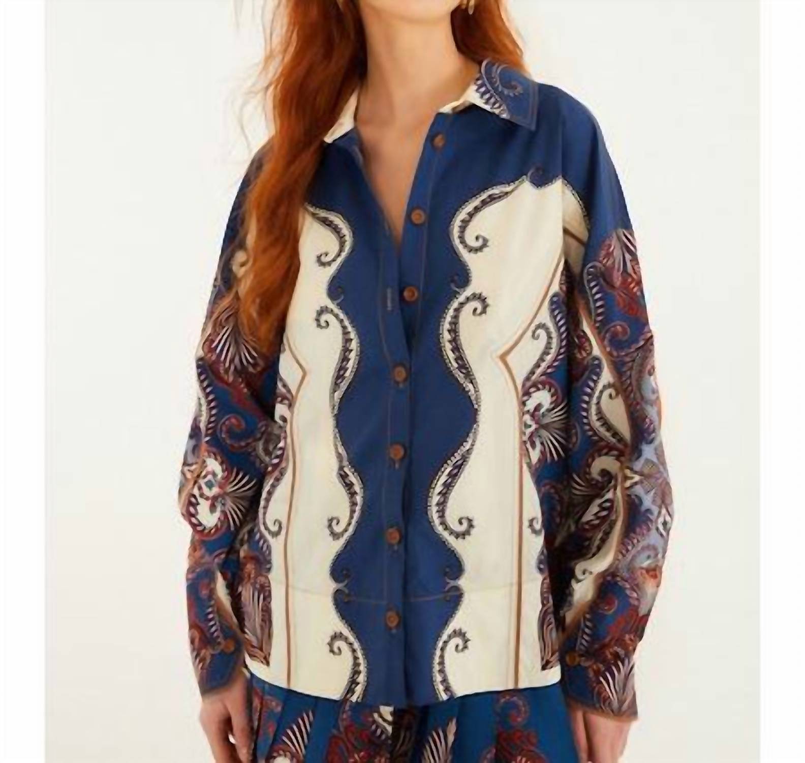 FARM RIO Arabesque Scarf Collared Organic Cotton Shirt in multicolor - women's shirt