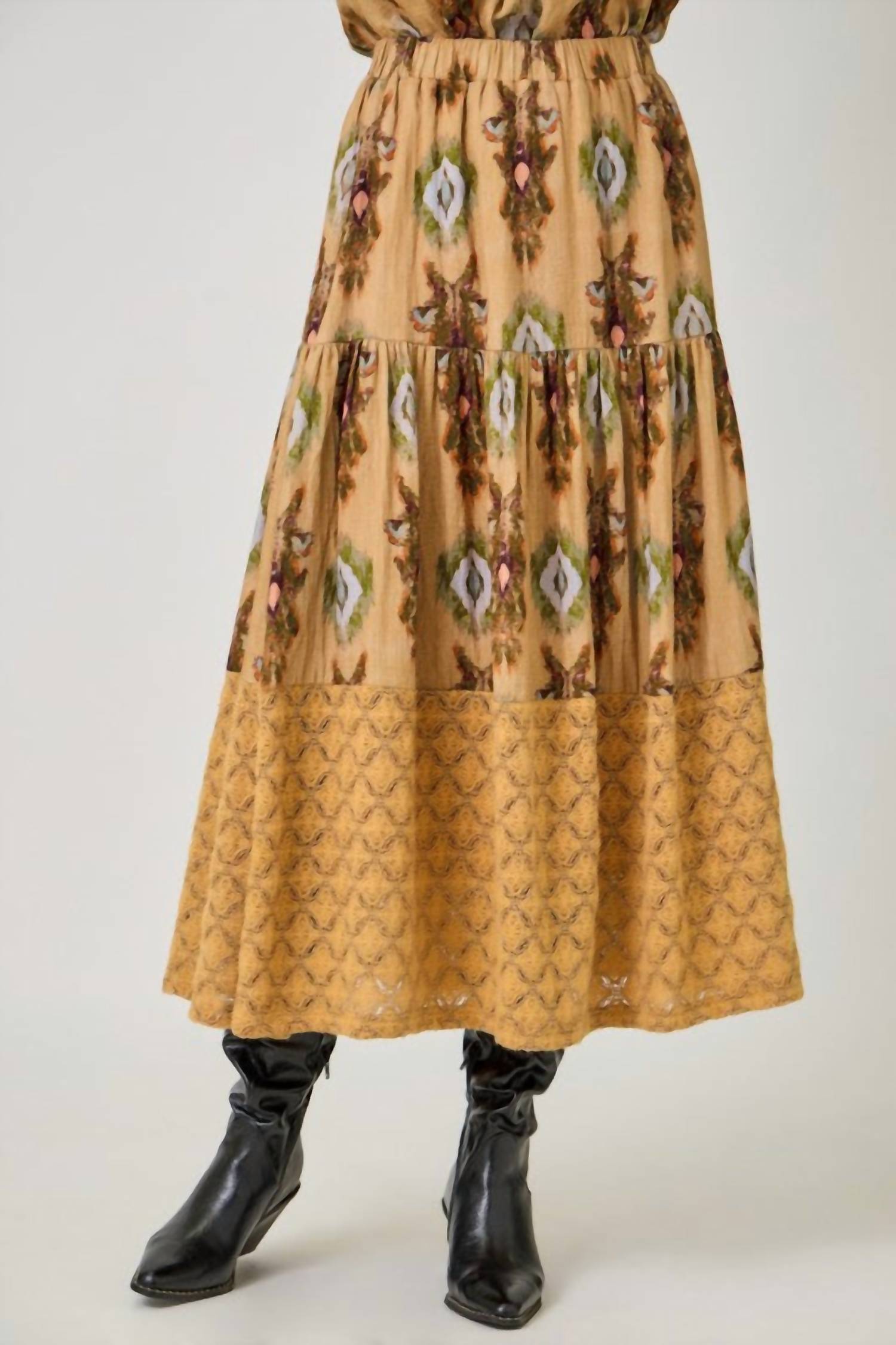 mystree Mixed Media Tiered Skirt in latte - women's skirt - detail view