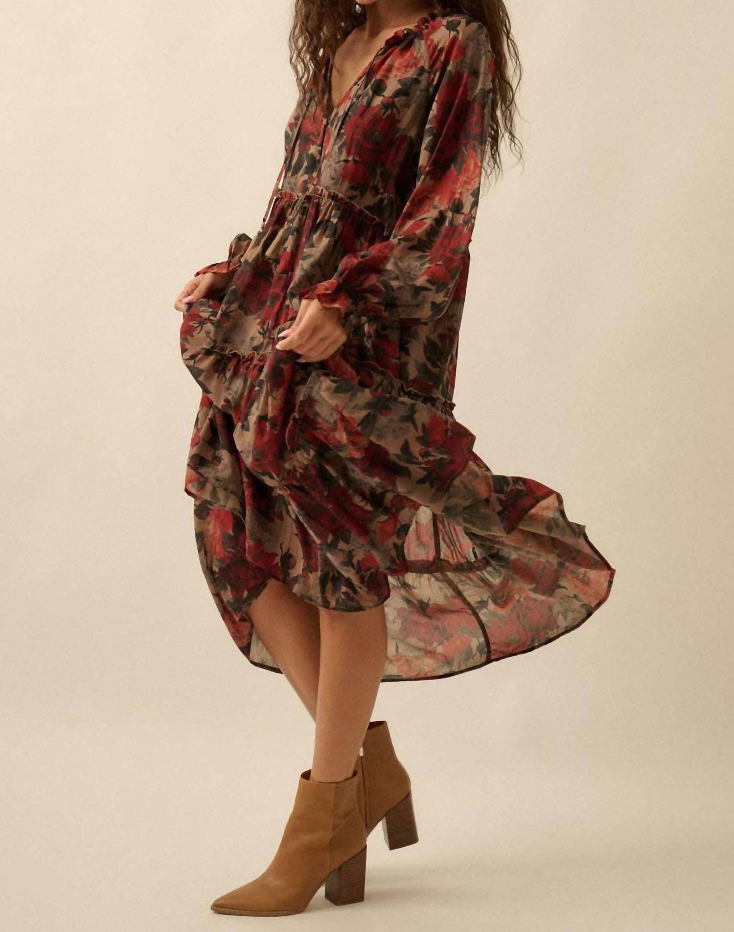 Promesa - Floral-print Tiered Ruffle Long-sleeve Midi Dress