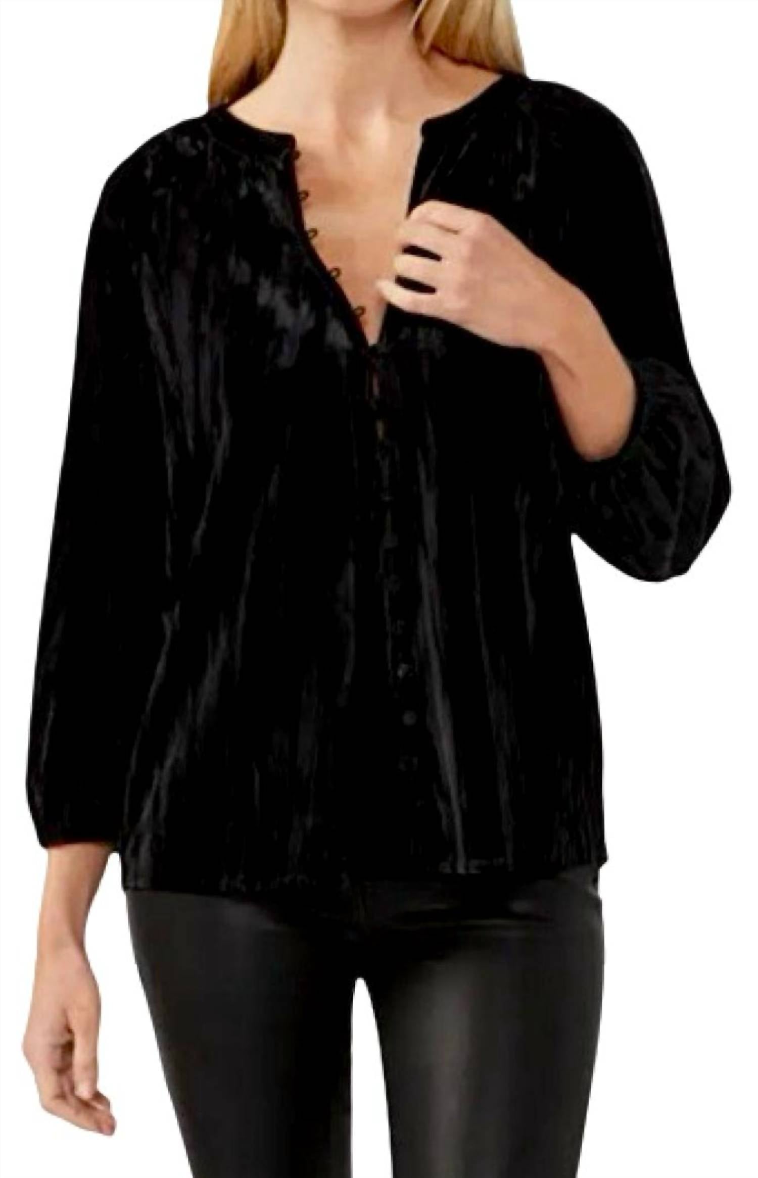 Lovestitch - Velvet Button Front V Neck Blouse