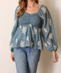 Polagram - Embroidered Smocked Blouse