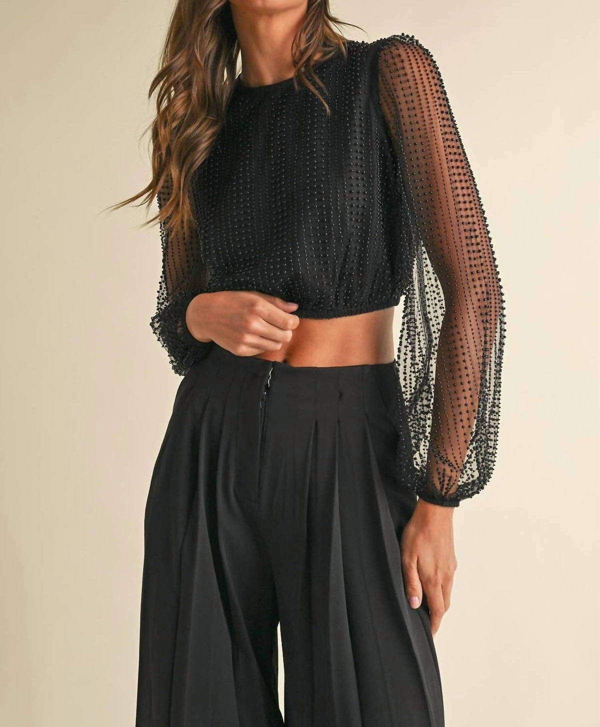 Endless Blu. - Bead & Pearl Embellished Long Sleeve Blouse