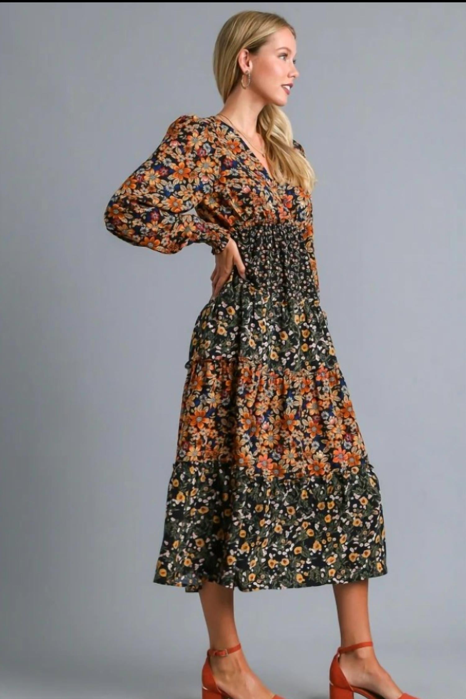 Umgee - Mixed Floral Print Midi Dress