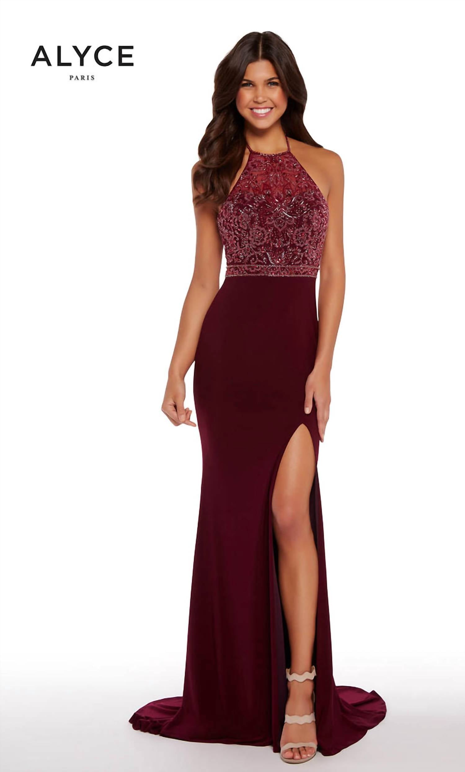 Alyce Paris - Long jersey knit beaded halter Dress