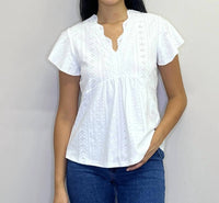 Papillon - Stretch Eyelet Short Sleeve Top With Lace Trim