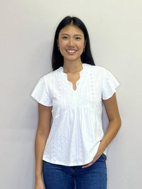 Papillon - Stretch Eyelet Short Sleeve Top With Lace Trim