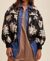 Listicle Floral Print Pleated Bomber Jacket in black - women's jacket