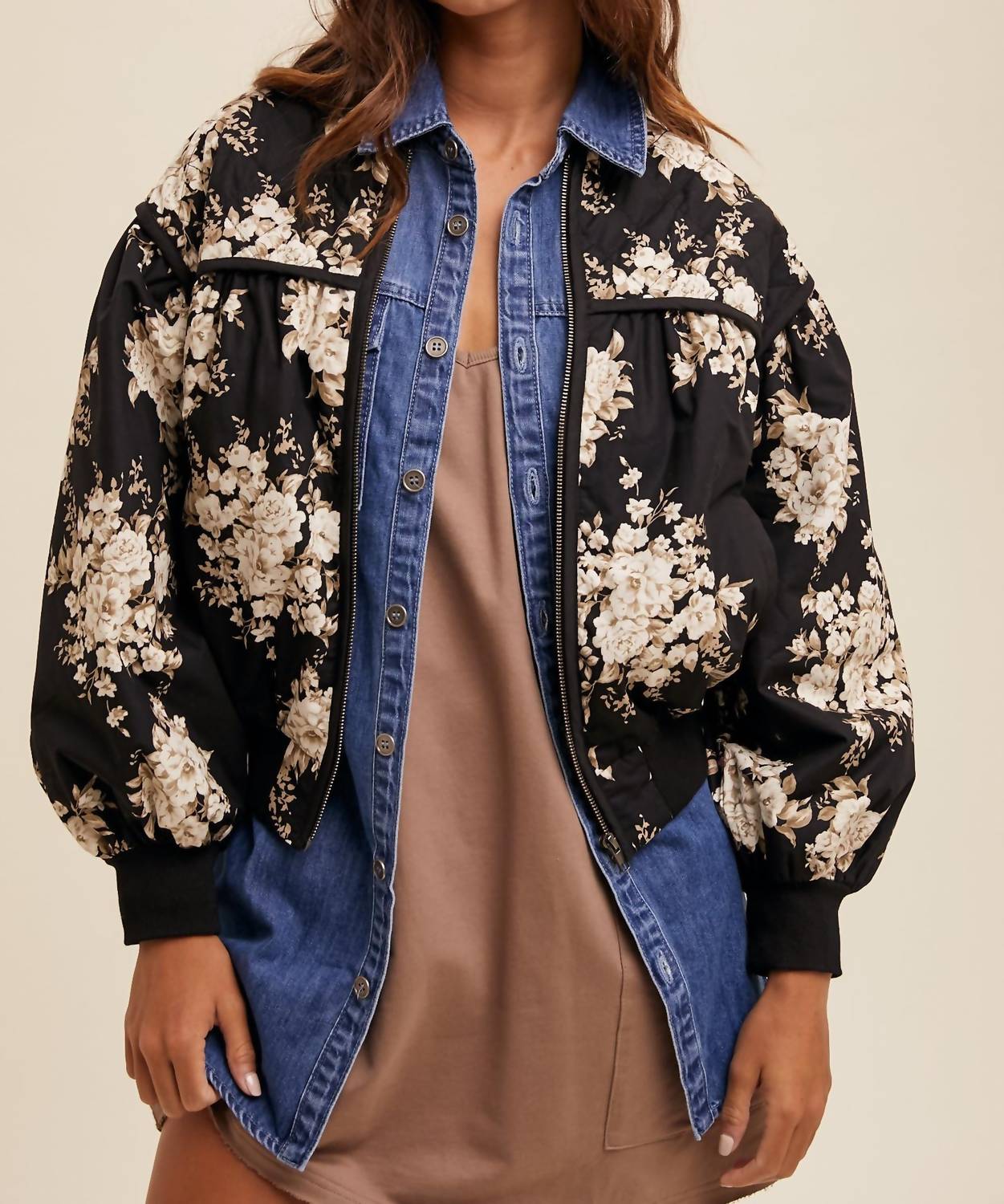 Listicle Floral Print Pleated Bomber Jacket in black - women's jacket
