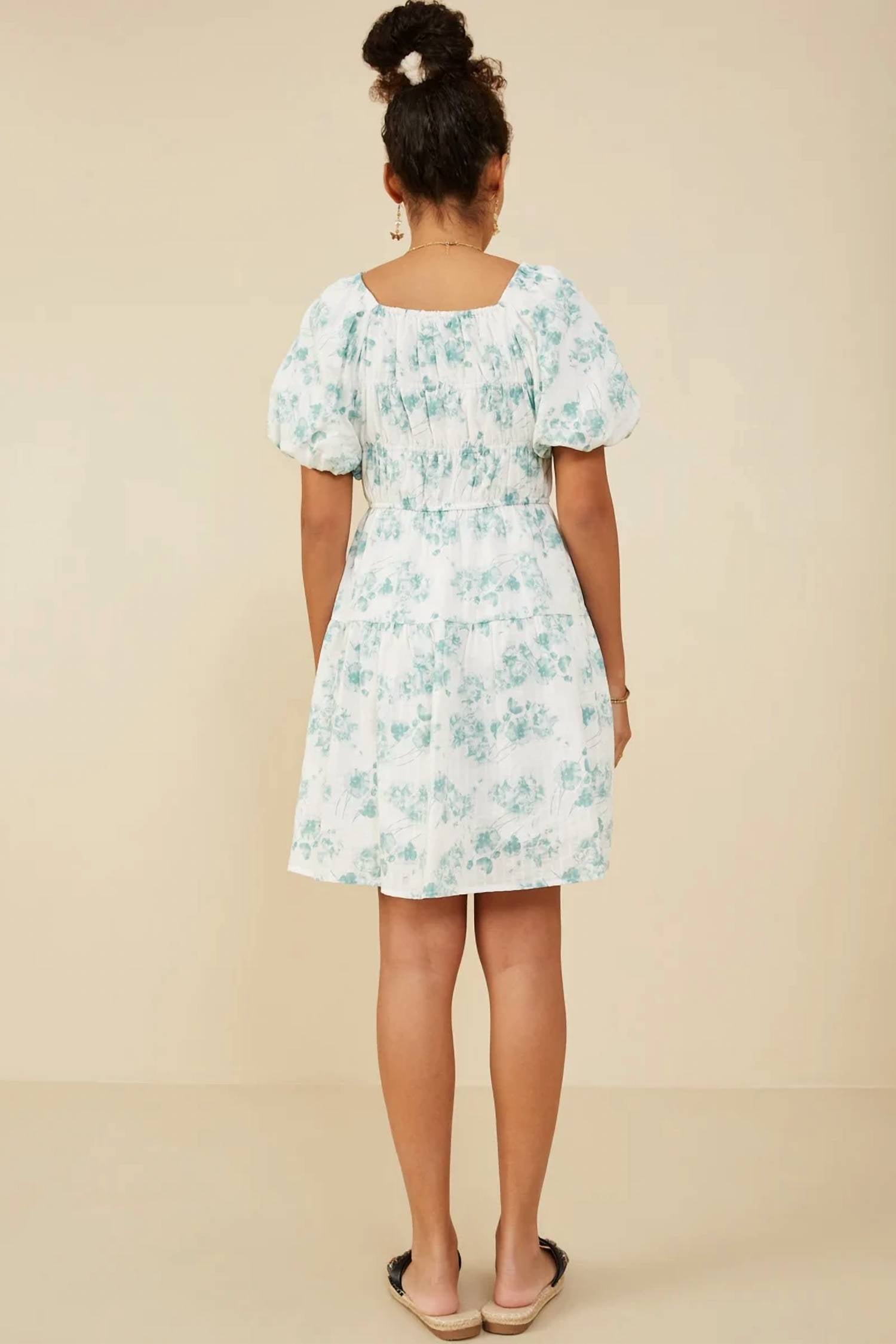 Hayden La - Textured Floral Puff Sleeve Self Tie Dress