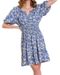 Umgee - Split Neck Floral Puff Sleeve Dress With Smocked Waistband