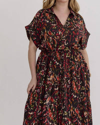 Entro - Satin V-neck Collared Midi Dress - Plus