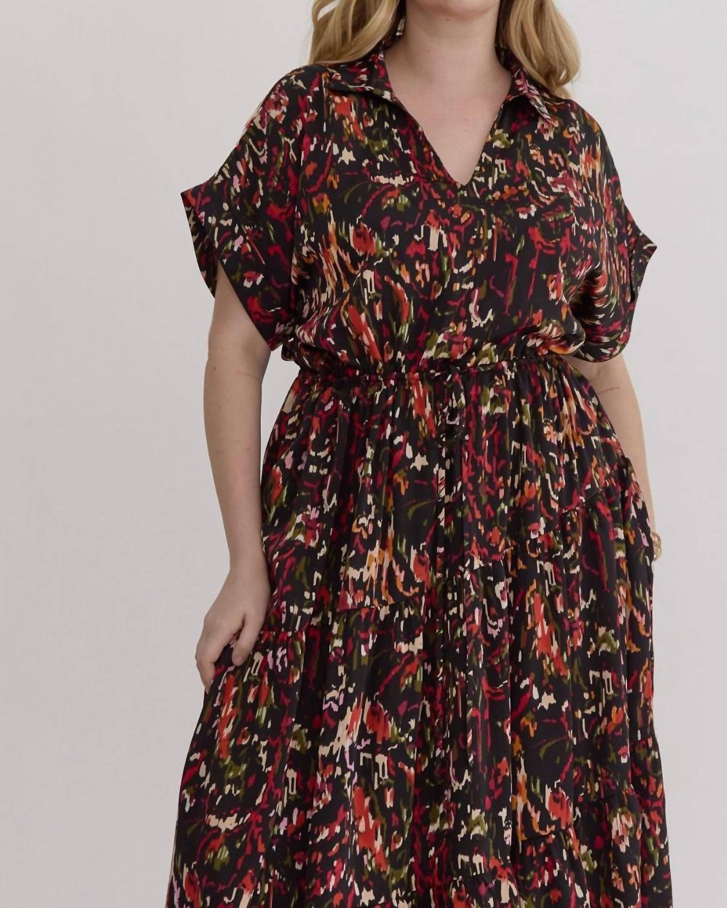 Entro - Satin V-neck Collared Midi Dress - Plus