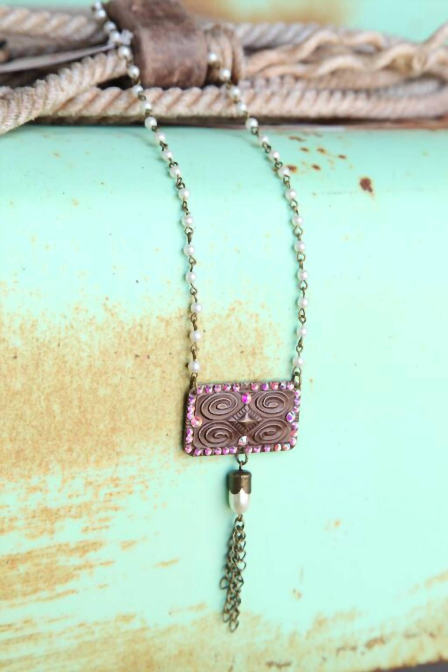 Pink Panache Women's Pearl Chain Linked With Aztec Stamped Pendant Necklace in multi - women's jewelry - detail view