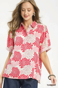 Umgee - Floral Collared Short Sleeve Blouse