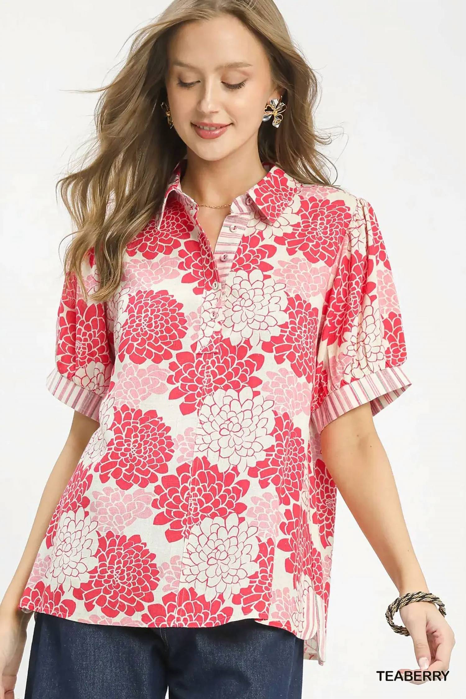 Umgee - Floral Collared Short Sleeve Blouse