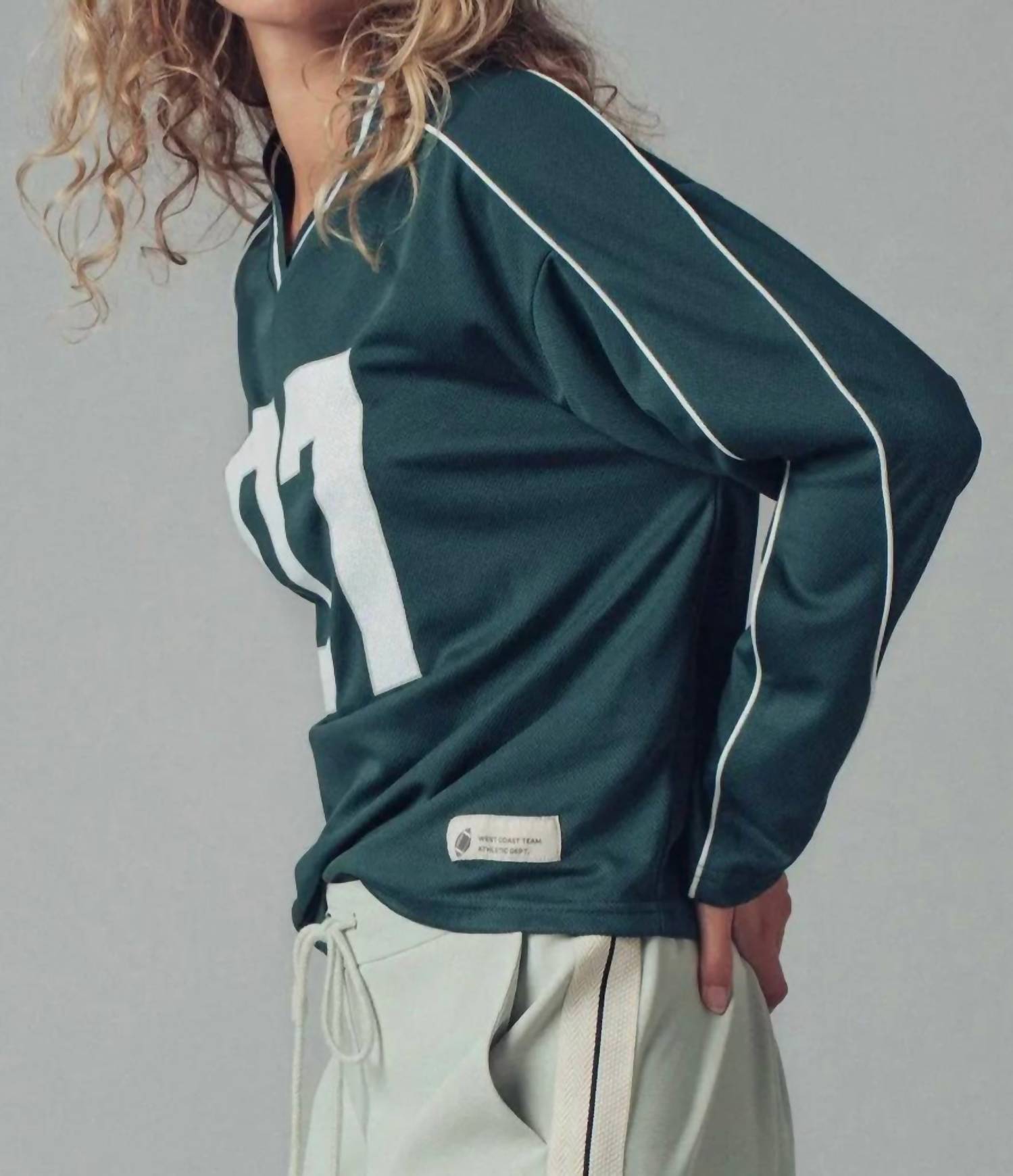Urban Daizy Varsity 07 Graphic V-Neck Jersey Top in hunter - women's long sleeve top - detail view