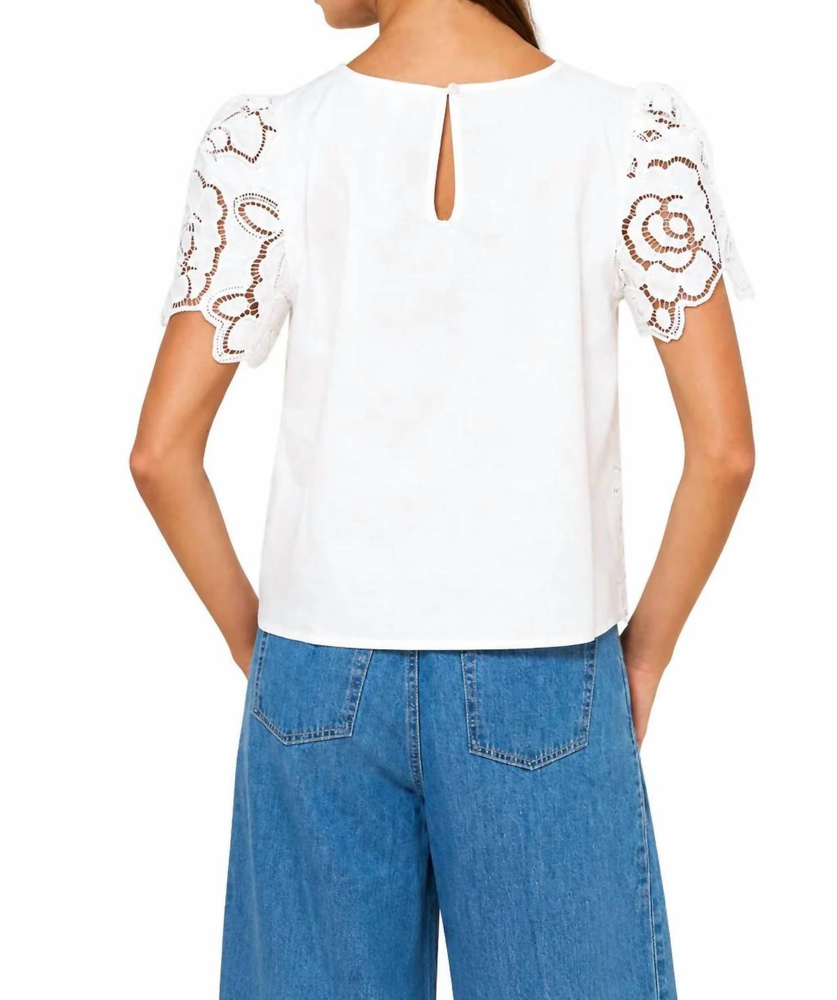 Lalavon - June Floral Eyelet Short Bell Sleeve Top