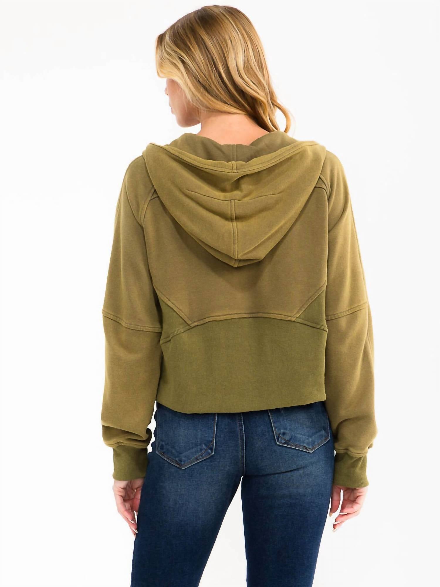 SurelyMine Canyon Vintage Cropped Zip Hoodie in olive - women's top - alternate view
