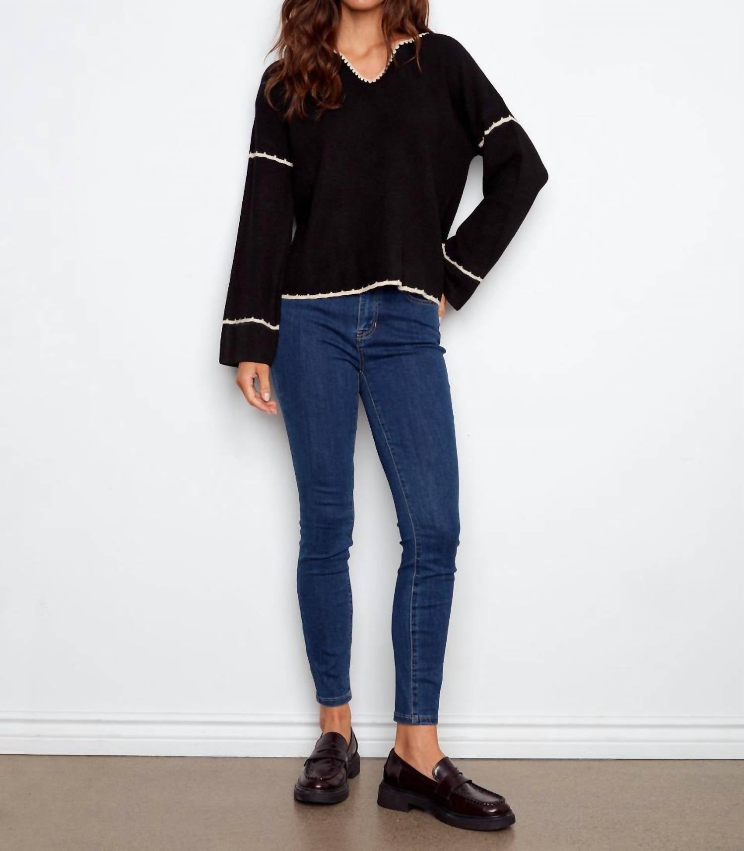 Charlie B - Embroidered Ribbed Sweater With Notch Neck
