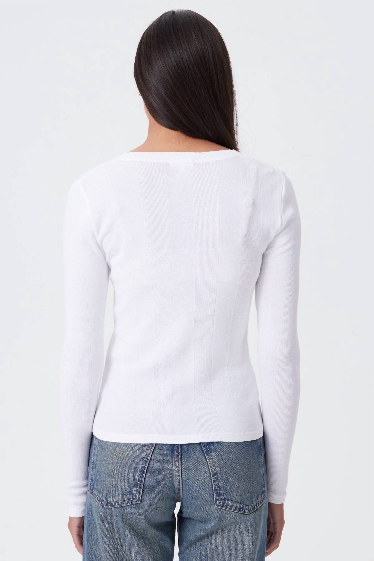 GOLDIE Valerie Long Sleeve V Neck Top in white - women's long sleeve top - detail view