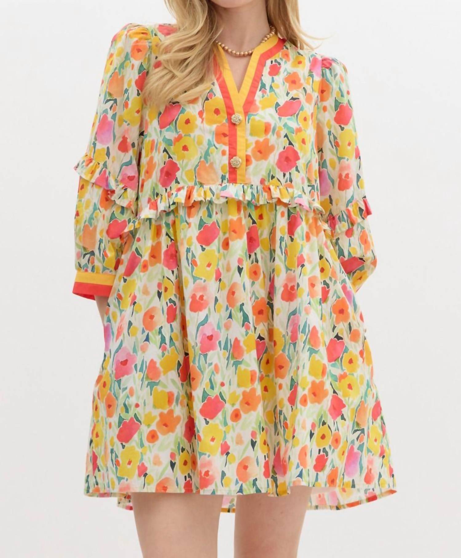Entro - Floral Breeze Mini Dress with Ruffle Accents & Banded V-Neck Detail