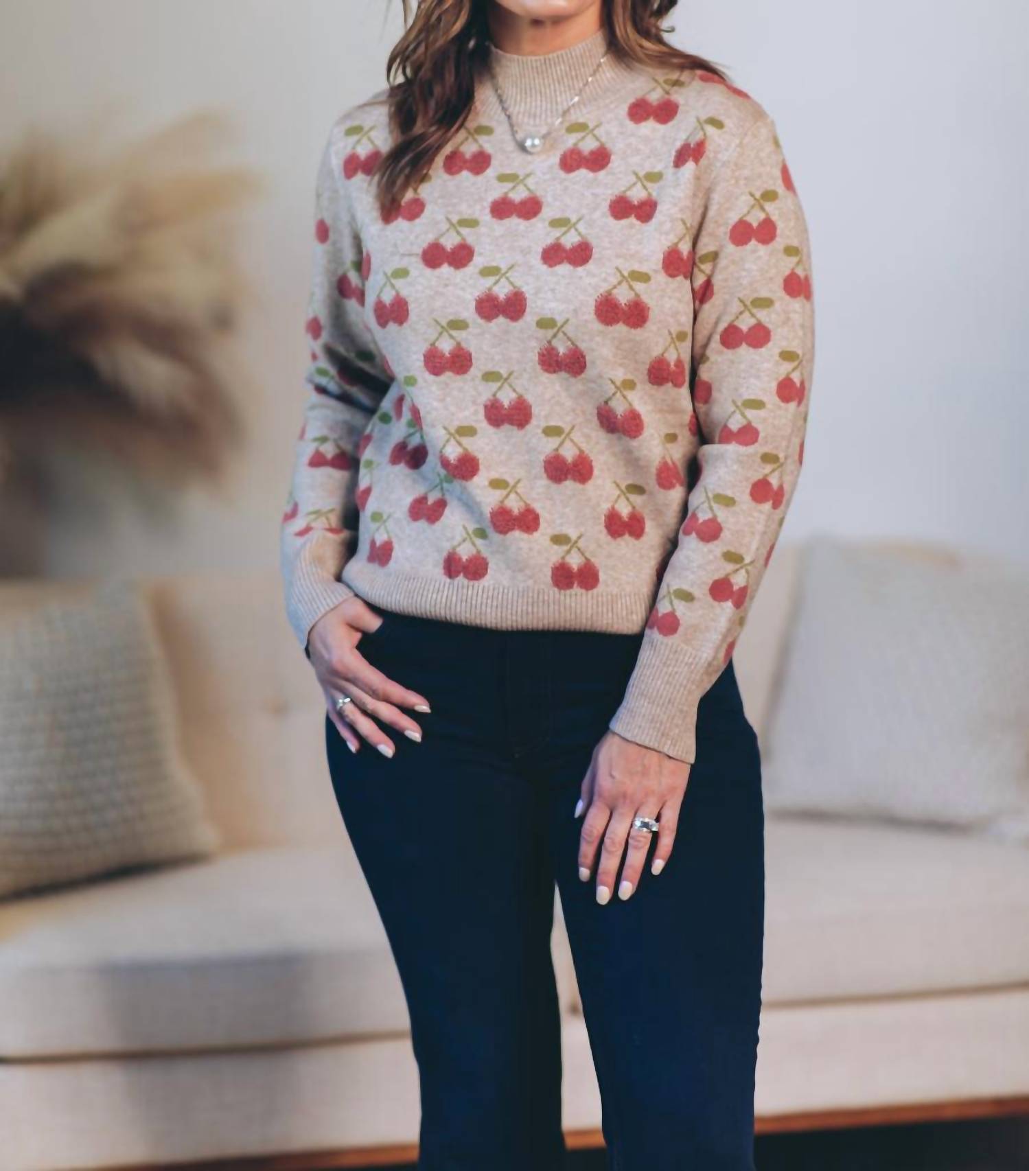 PINCH Cherry On Top Sweater in oatmeal - women's sweater - detail view