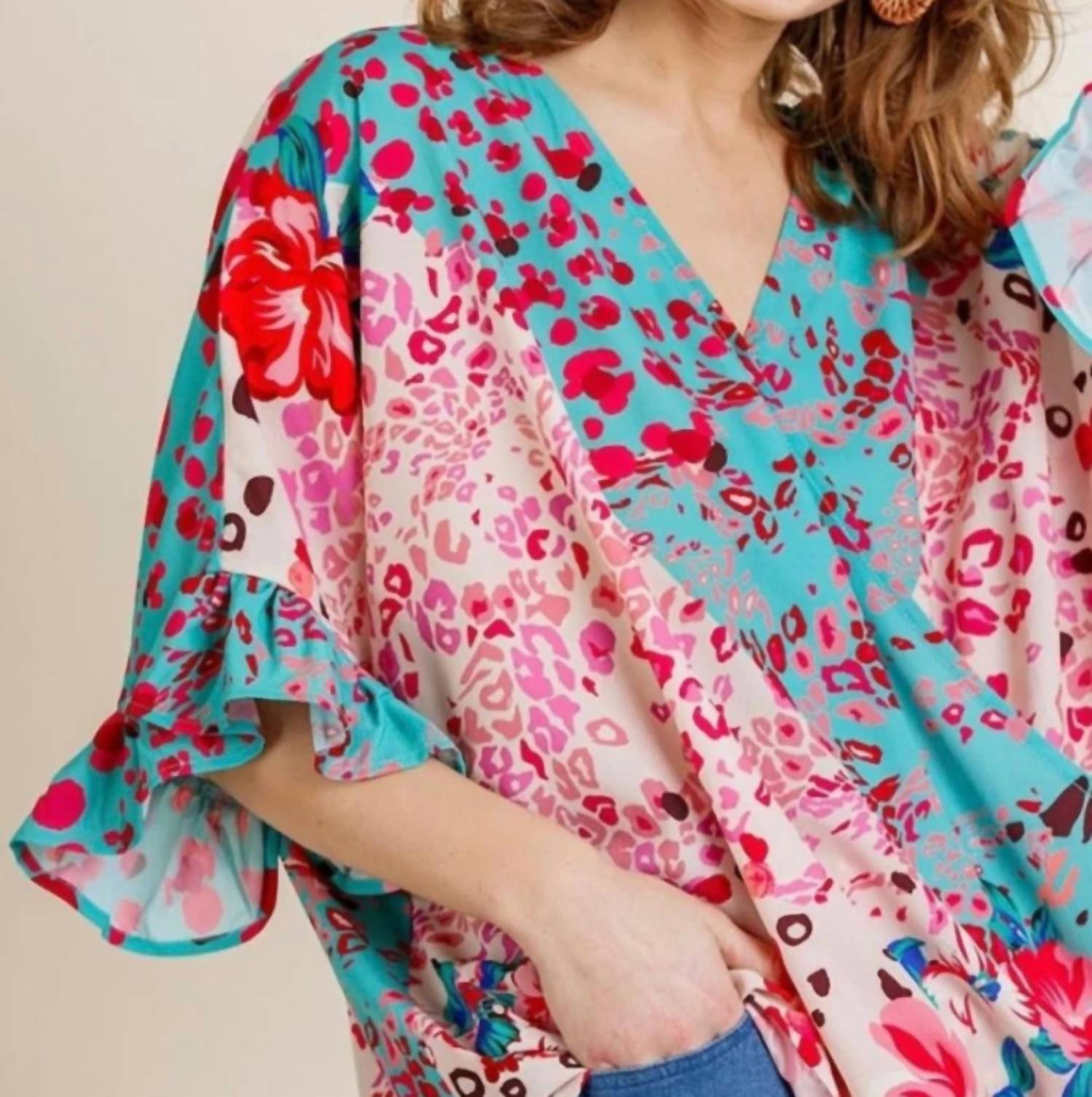 Umgee - Floral Animal Print Ruffle Top