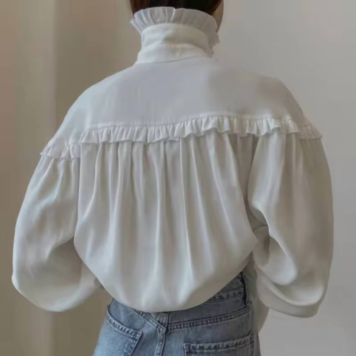Hiddenbrand - French Lapel Lantern Sleeve Lace Design Shirt
