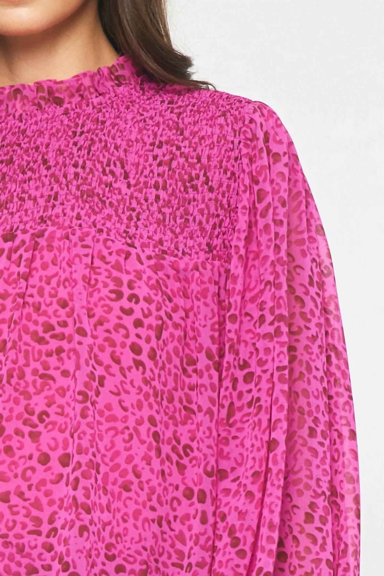 entro Check You Out Leopard Blouse in magenta - women's blouse - detail view