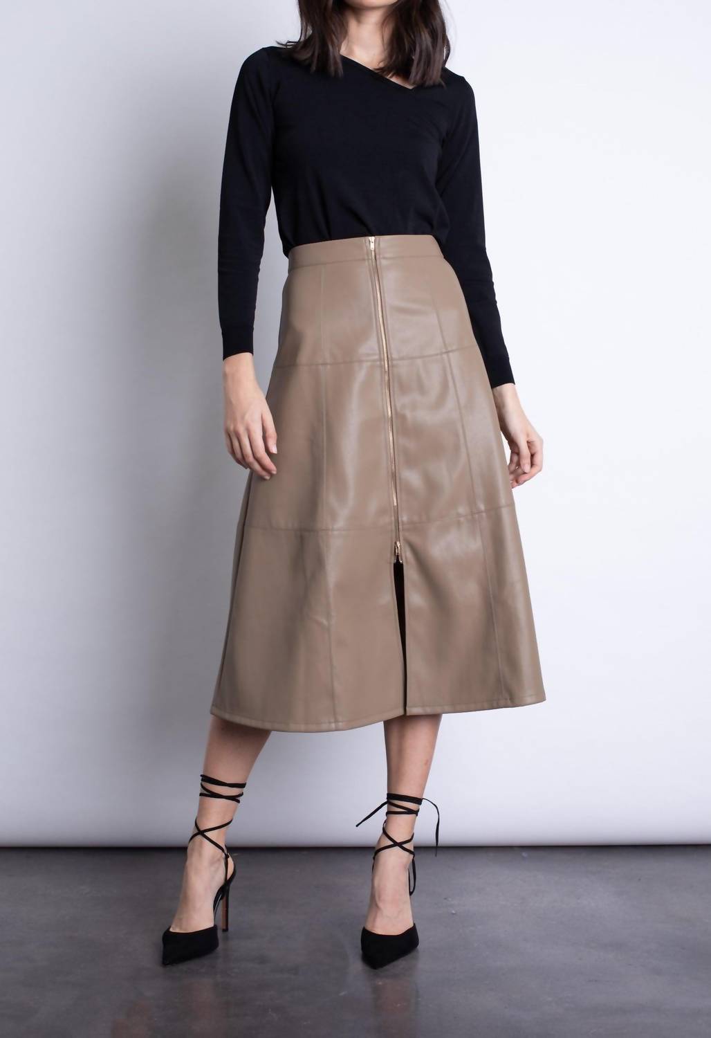 Karina Grimaldi Faux Leather Midi Skirt in taupe - women's skirt